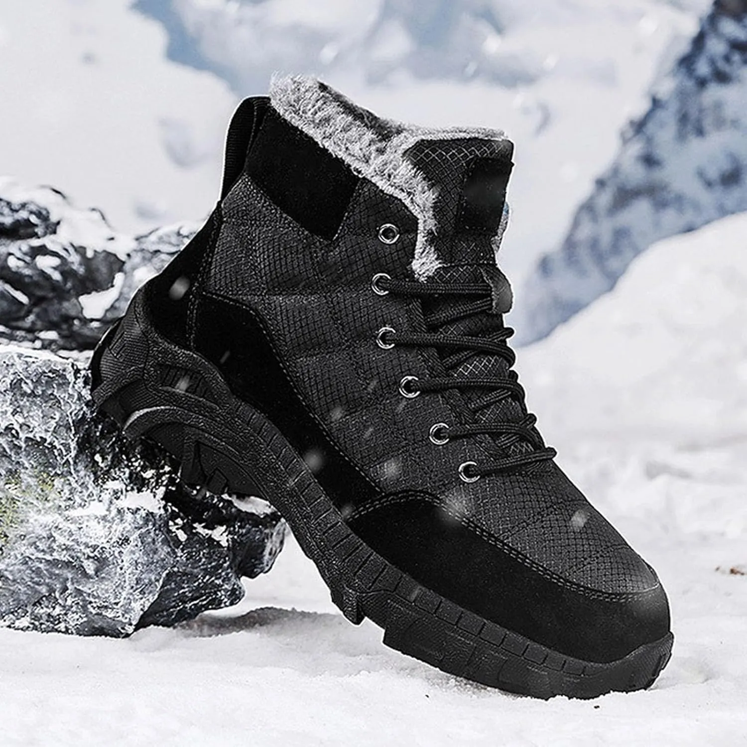 Men Work Boots Soft Toe Hiking Sneakers Warm Fur Lined Womens Safety Toe Shoes Slip On Waterproof Outdoor Shoes Lightweight Hike Grounded Footwear