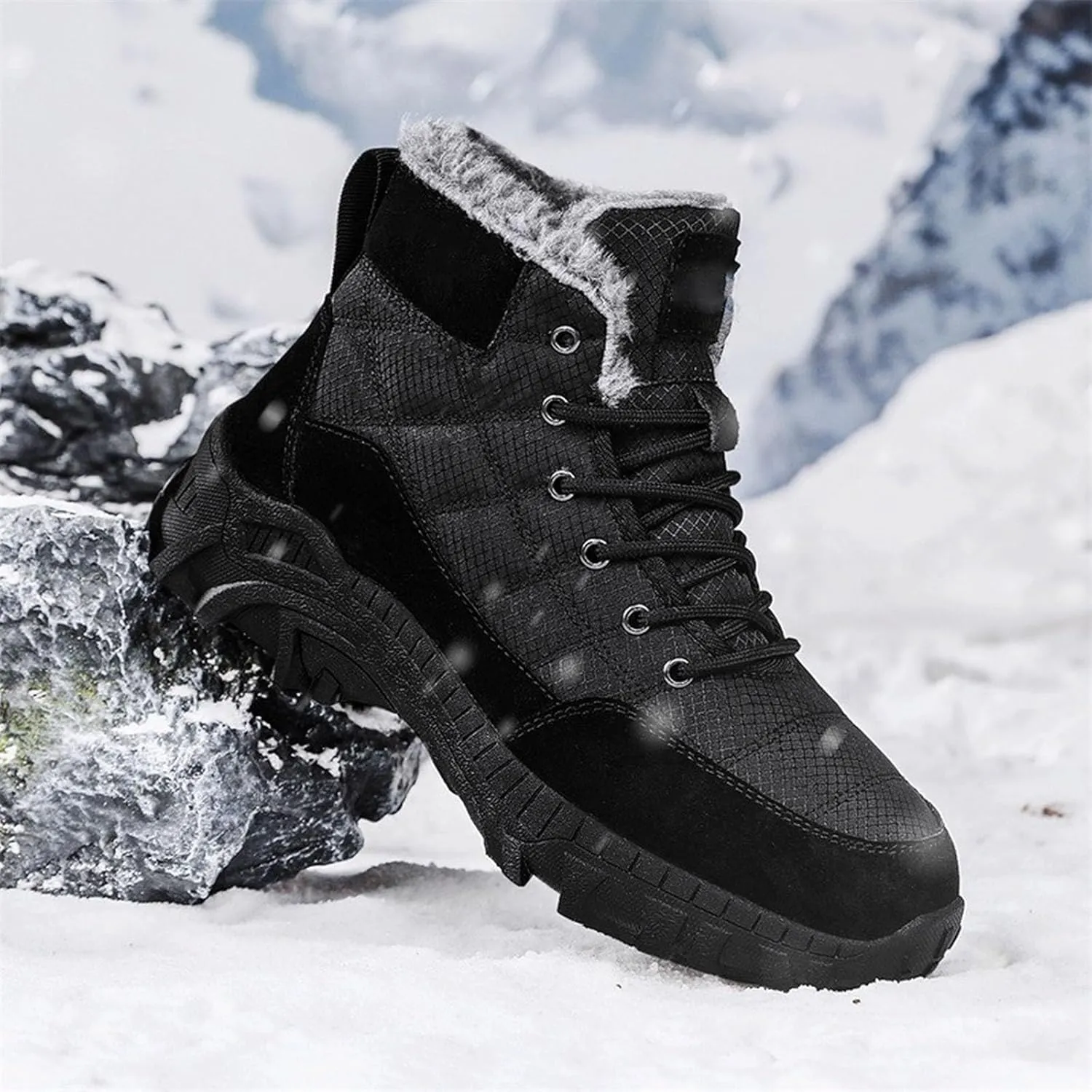 Men Work Boots Soft Toe Hiking Sneakers Warm Fur Lined Womens Safety Toe Shoes Slip On Waterproof Outdoor Shoes Lightweight Hike Grounded Footwear