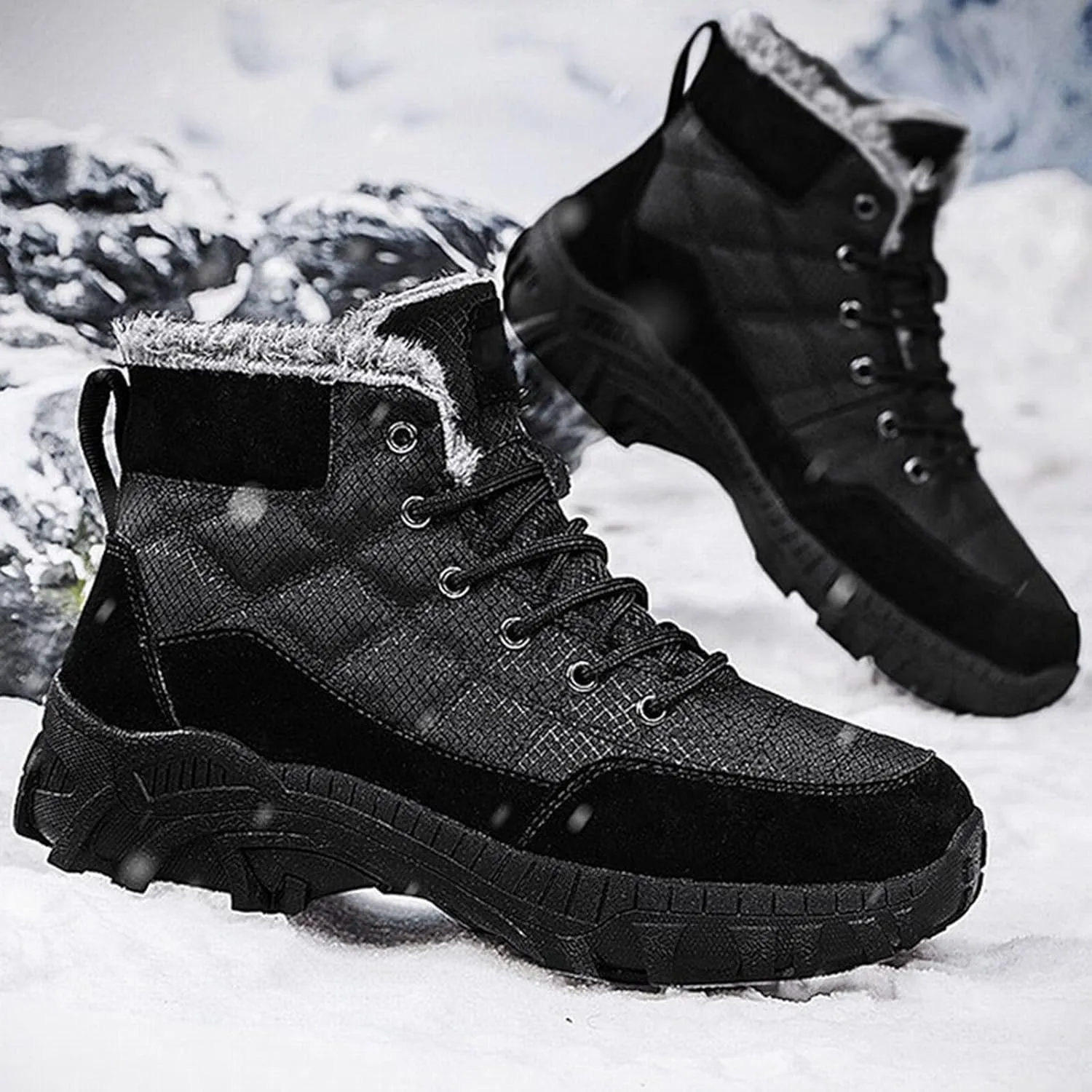 Men Work Boots Soft Toe Hiking Sneakers Warm Fur Lined Womens Safety Toe Shoes Slip On Waterproof Outdoor Shoes Lightweight Hike Grounded Footwear