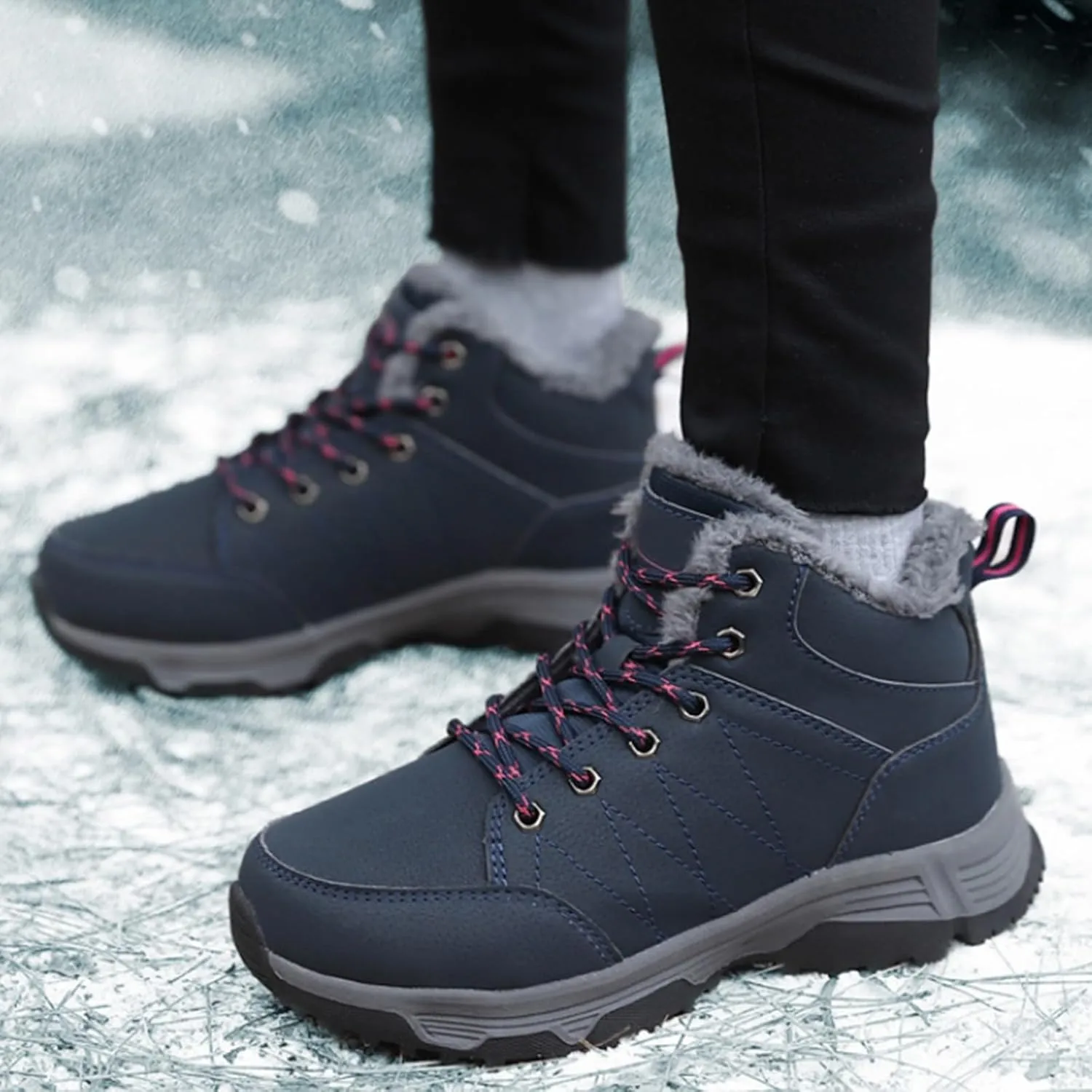 Work Boots for Men Waterproof Hiking Sneakers Shoes with Fur Lined Workout Shoes for Women Insulated Winter Outdoor Botas Waterproof Non Slip Hike Grounded Footwear